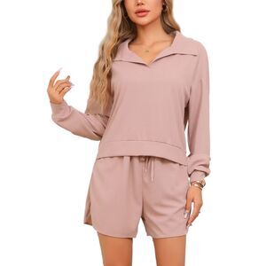 Waffle Knit Top and Shorts Long Sleeve Pajama Set with Pockets Pink